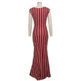 Striped Burgundy Cutout Cap Sleeve Long Dress