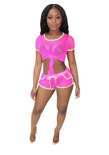 Hot Pink Fishnet Top & Shorts with Contrast Binding