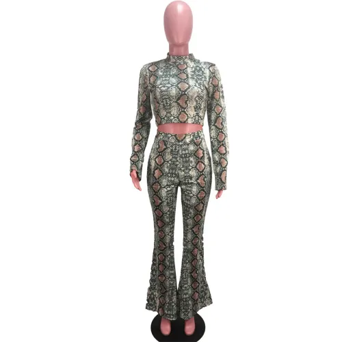 Snakeskin Print Crop Top and Flare Pants