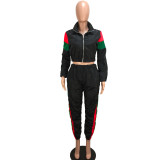 Green Cropped Jacket & Pants Tracksuit with Contrast Splice