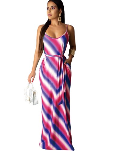 Multicolor Striped Long Cami Dress with Belt