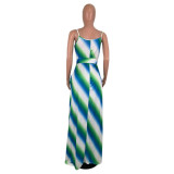 Colorful Striped Long Cami Dress with Belt
