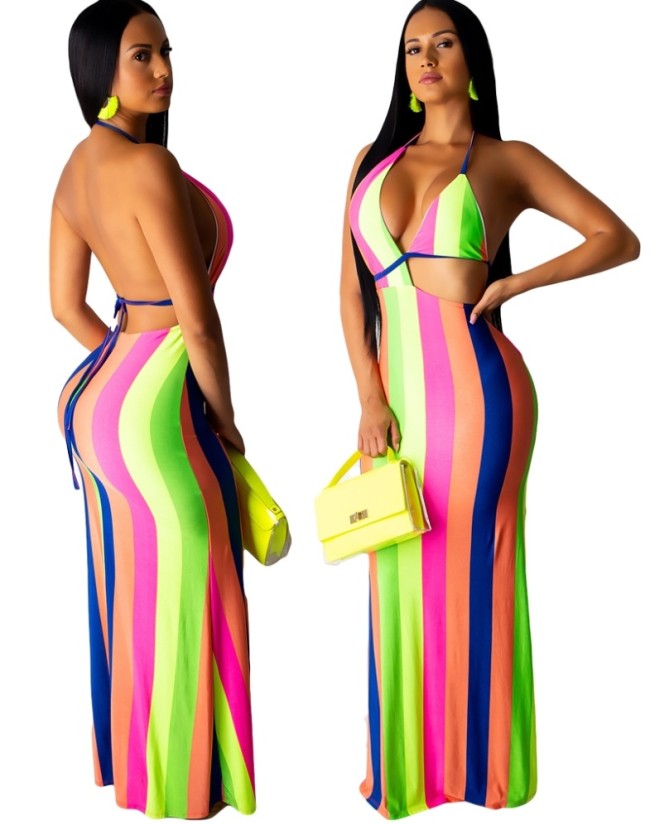 Colorful Striped Backless Halter Maxi Dress