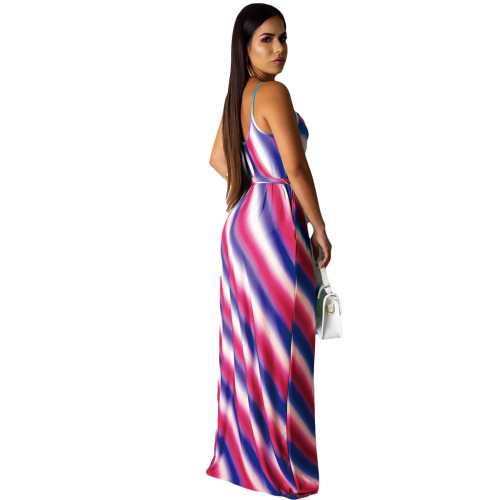 Multicolor Striped Long Cami Dress with Belt