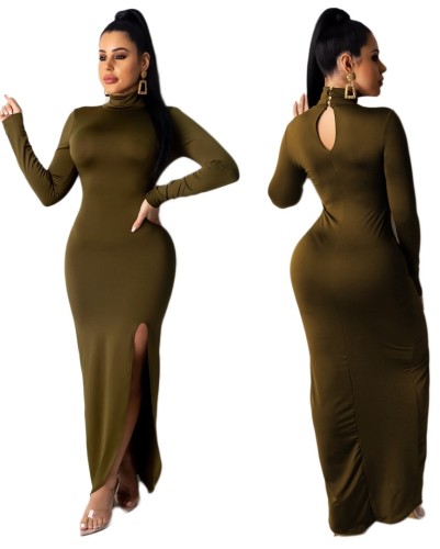 Army Green High Neck Long Sleeve Slit Maxi Dress