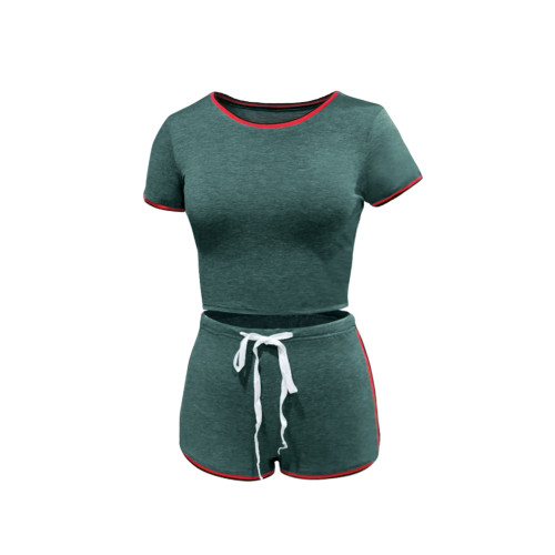 Dark Green Sports T Shirt and Shorts with Contrast Border
