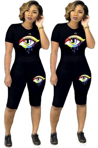 Big Eye Print Black T Shirt & Short Set
