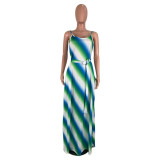 Colorful Striped Long Cami Dress with Belt