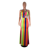 Colorful Striped Backless Halter Maxi Dress