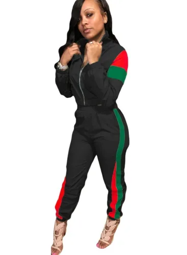 Green Cropped Jacket & Pants Tracksuit with Contrast Splice
