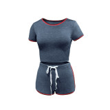 Dark Blue Sports T Shirt and Shorts with Contrast Border