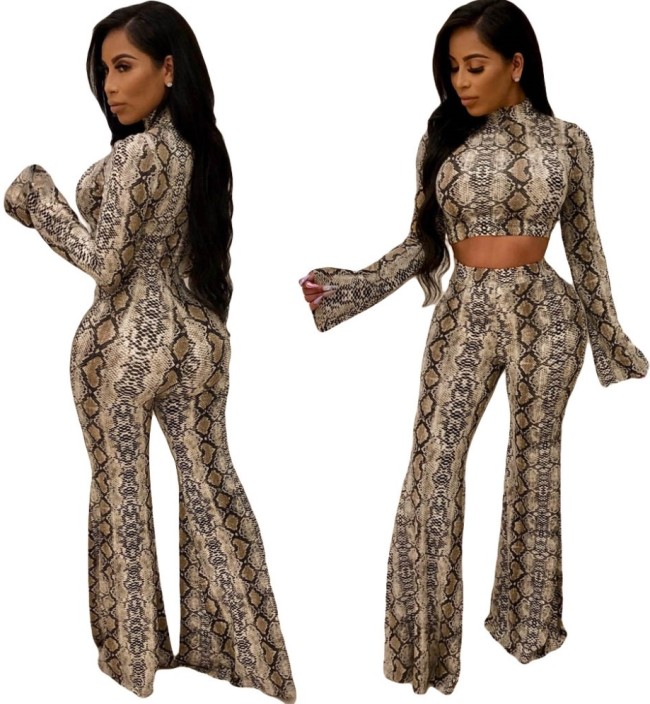 Snakeskin Print Crop Top and Flare Pants