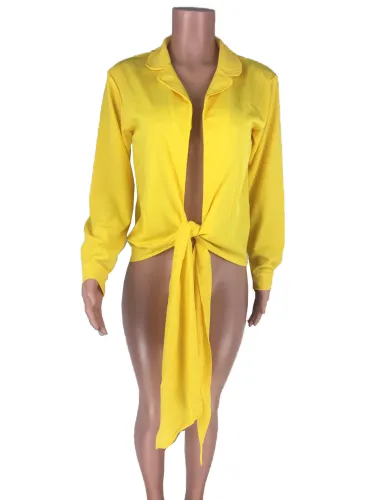Yellow Long Sleeve Tie Waist Top