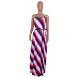 Multicolor Striped Long Cami Dress with Belt