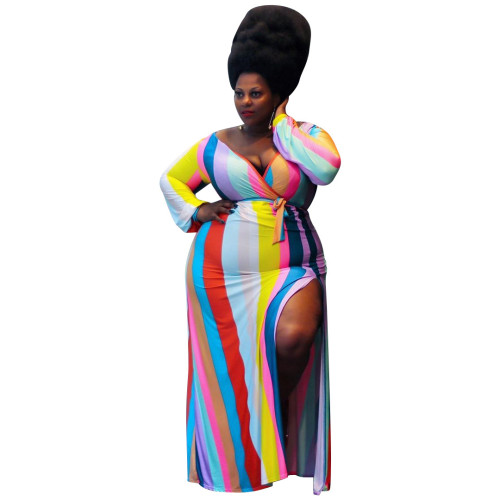 Plus Size Rainbow Striped Deep V Slit Maxi Dress