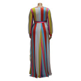 Plus Size Rainbow Striped Deep V Slit Maxi Dress