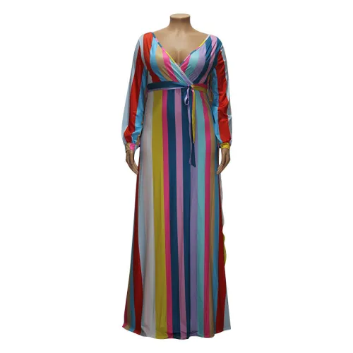 Plus Size Rainbow Striped Deep V Slit Maxi Dress