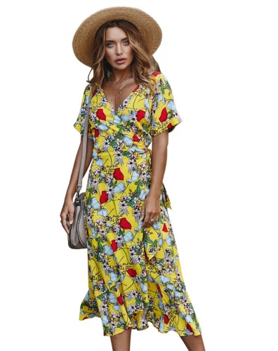 Yellow Floral Short Sleeve Wrap Casual Dress