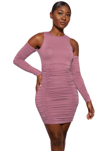 Lilac Open Shoulder Ruched Mini Dress