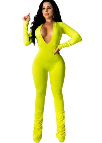 Green Plunge Bodycon Jumpsuit with Scrunch Legs