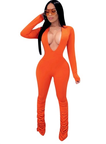 Orange Plunge Bodycon Jumpsuit with Scrunch Legs