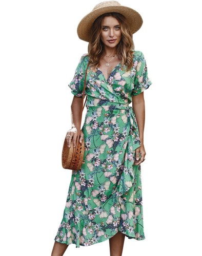 Blue Floral Short Sleeves Wrap Casual Dress