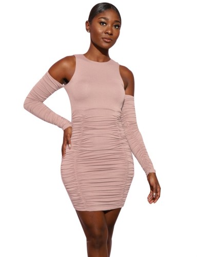 Pink Cold Shoulder Ruched Mini Dress