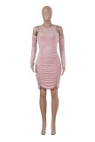 Pink Cold Shoulder Ruched Mini Dress