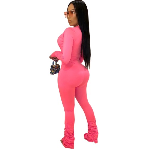 Hot Pink Plunge Bodycon Jumpsuit with Scrunch Legs