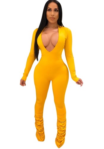 Yellow Plunge Bodycon Jumpsuit with Scrunch Legs