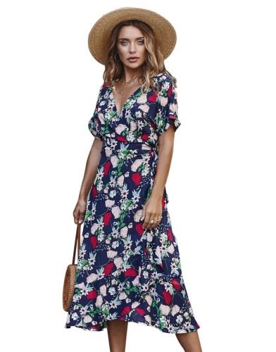 Navy Floral Short Sleeves Wrap Casual Dress