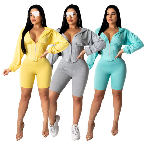 Yellow Deep V Long Sleeve Zipper Hoodie & Shorts Set