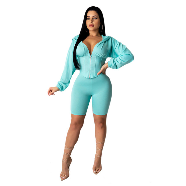 Solid Deep V Long Sleeve Zipper Hoodie & Shorts Set