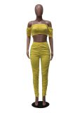 Yellow Sexy Scrunch Crop Top and Pants Set