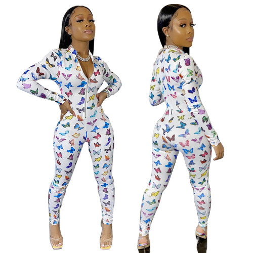 Butterfly Print White Zip Up Bodycon Jumpsuit