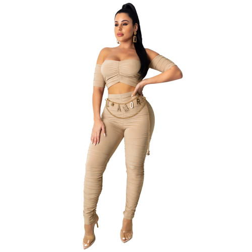 Apricot Sexy Scrunch Crop Top and Pants Set