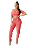 Coral Sexy Scrunch Crop Top and Pants Set