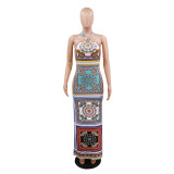 Tribal Print Halter Sleeveless Slit Maxi Dress