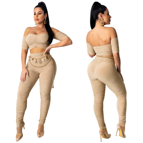 Apricot Sexy Scrunch Crop Top and Pants Set