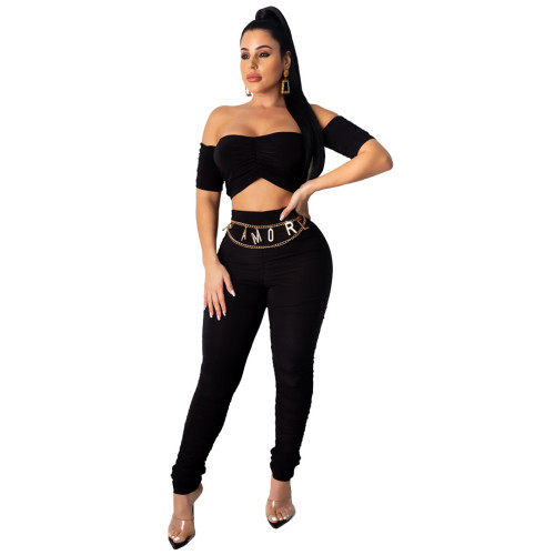 Black Sexy Scrunch Crop Top and Pants Set