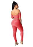 Coral Sexy Scrunch Crop Top and Pants Set