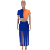 Contrast Short Sleeve Crop Top & Long Tassel Skirt