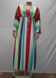 Plus Size Rainbow Striped High Waist Maxi Dress