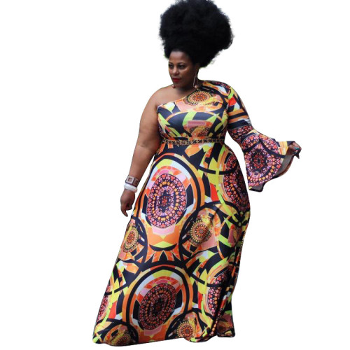 Plus Size African Print One Shoulder Maxi Dress