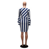 Plus Size Blue Striped Bell Sleeve Midi Dress