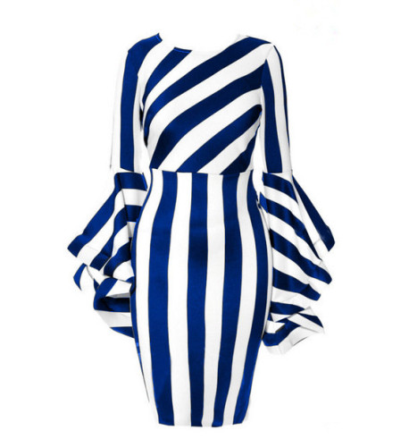 Plus Size Blue Striped Bell Sleeve Midi Dress