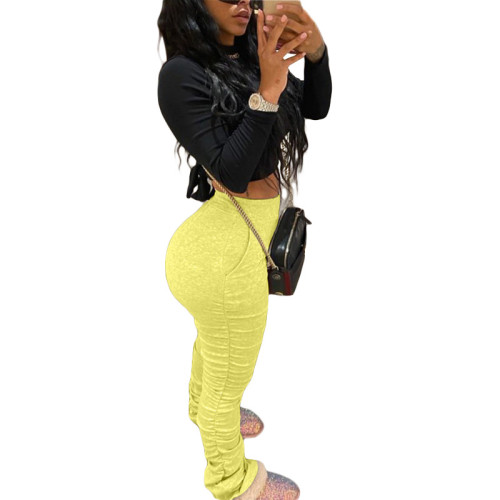 Yellow Stretchy High Waist Ruched Pants