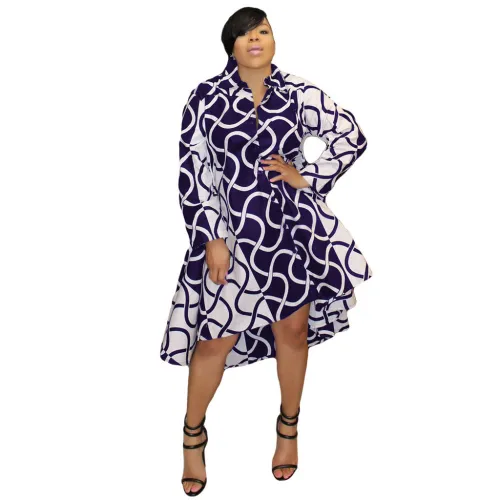White Navy Printed Loose Shirt Dress