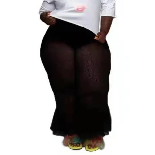 Plus Size Black Fishnet Ruffle Pants
