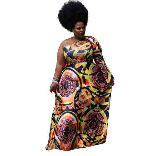 Plus Size African Print One Shoulder Maxi Dress